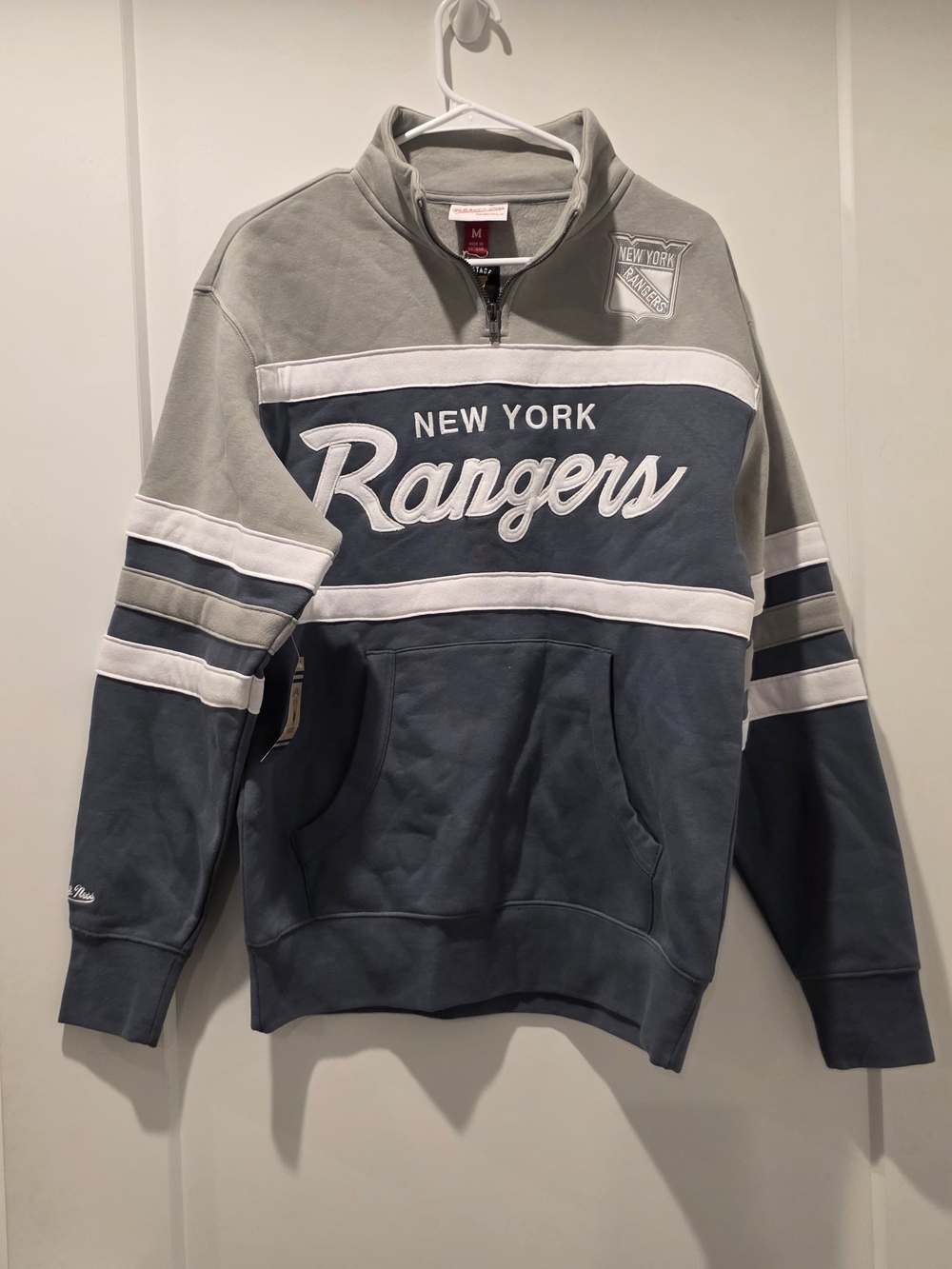 Mitchell & Ness New York Rangers Grey and Blue Quarter-Zip Pullover